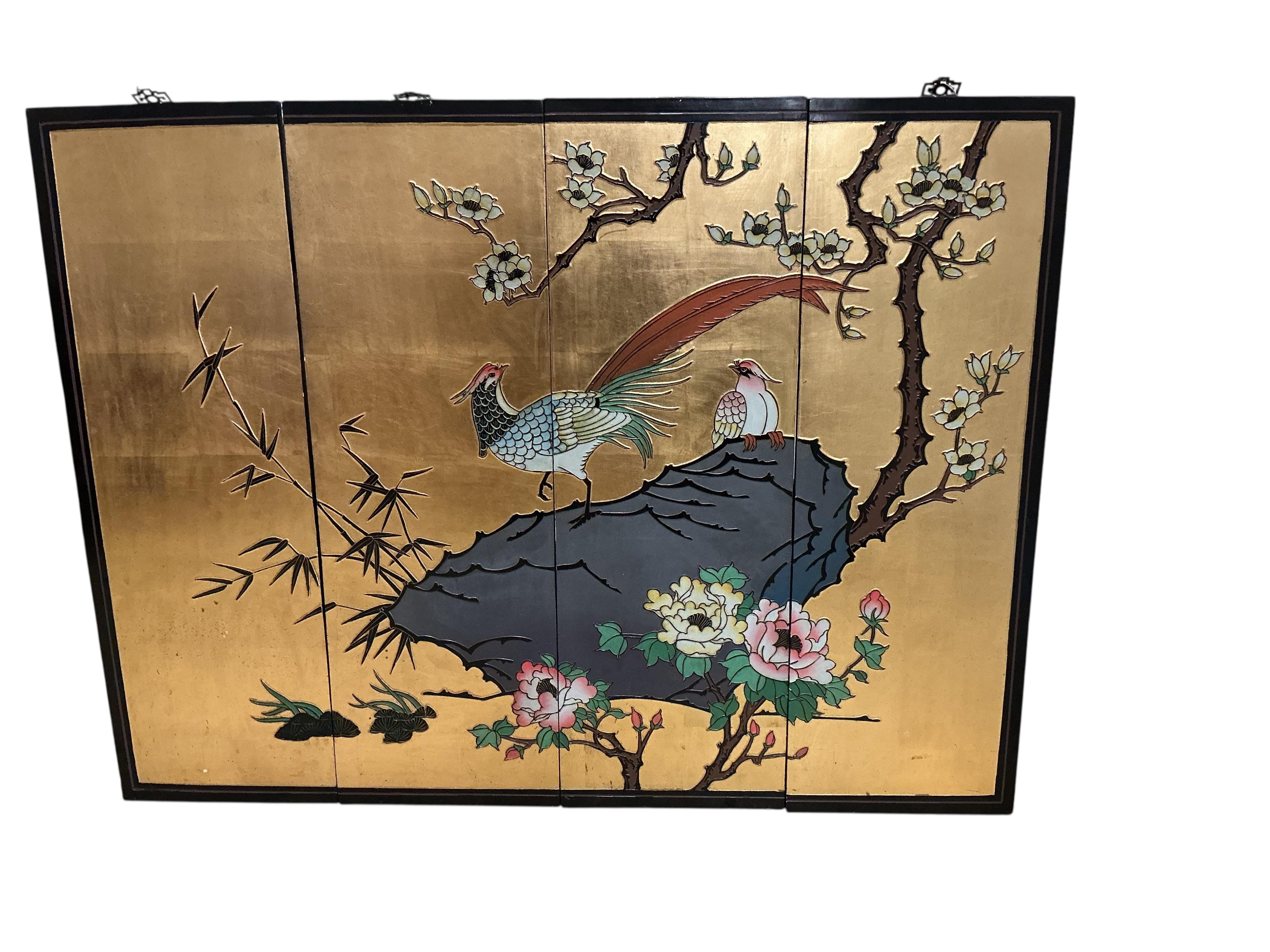 A modern Japanese gold ground four fold screen and a modern Japanese four panelled screen, larger height 92cm